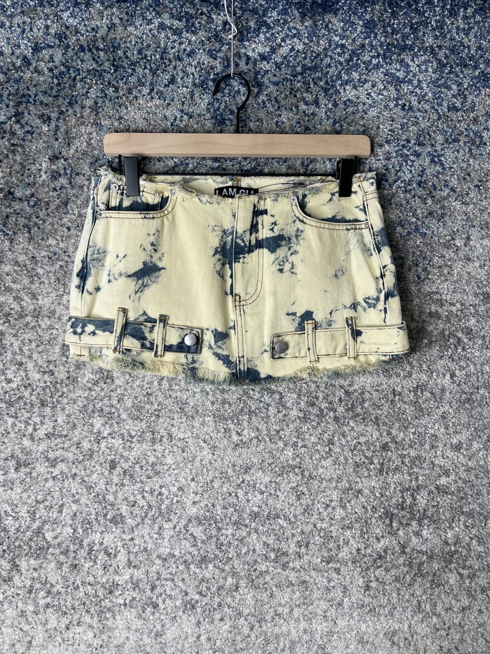 I.AM.GIA Skirt Womens Small Yellow Blue Denim Tie Dye Distressed Mini High Rise